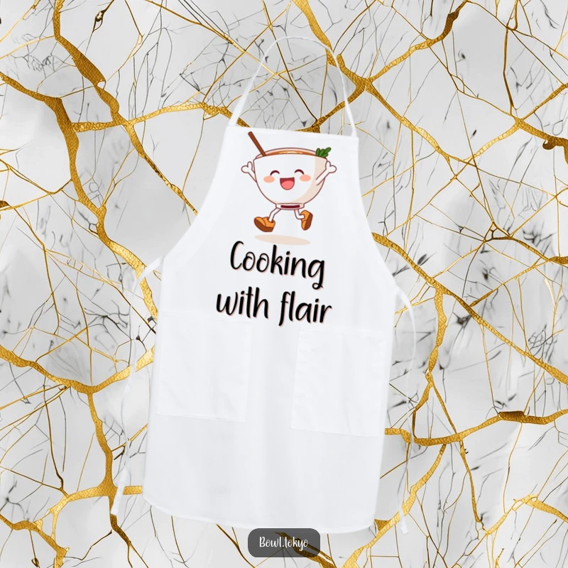 Funny ramen bowl in wooden clogs, energetically leaping while cooking, a humorous and practical apron for chefs.