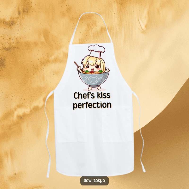 Funny apron with a ramen bowl character in a chef hat posing dramatically, ideal for kitchen flair and protection.
