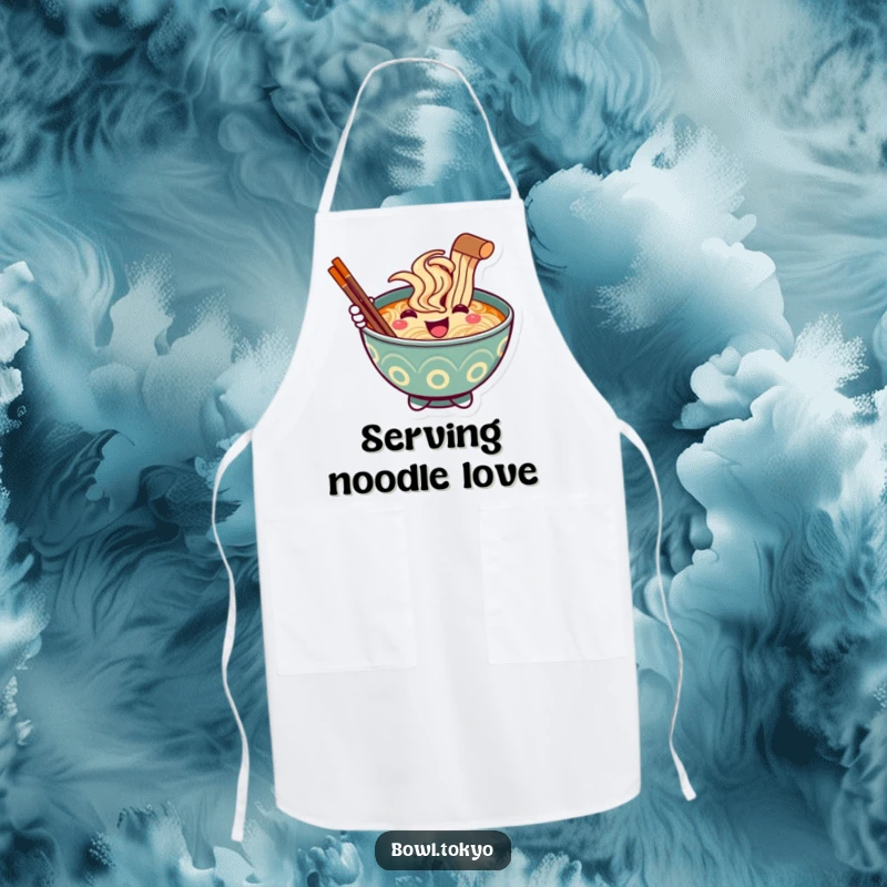 Funny Ramen Bowl Apron, a smiling character holding a chopstick in greeting, perfect for chefs.