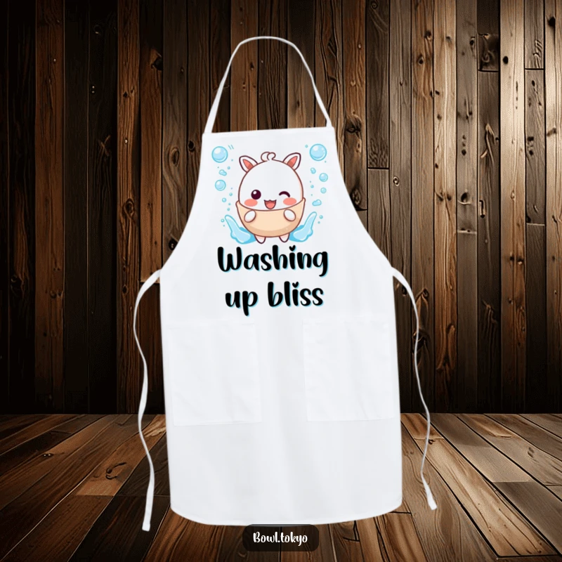 Funny apron showing a kawaii broth character in mid-splash with bubble accents, adding a cheerful vibe to cooking.