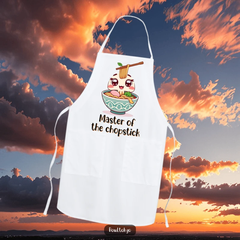 Funny Kawaii ramen bowl apron with wide excited eyes, offering a giant chopstick, making kitchen tasks fun and humorous.