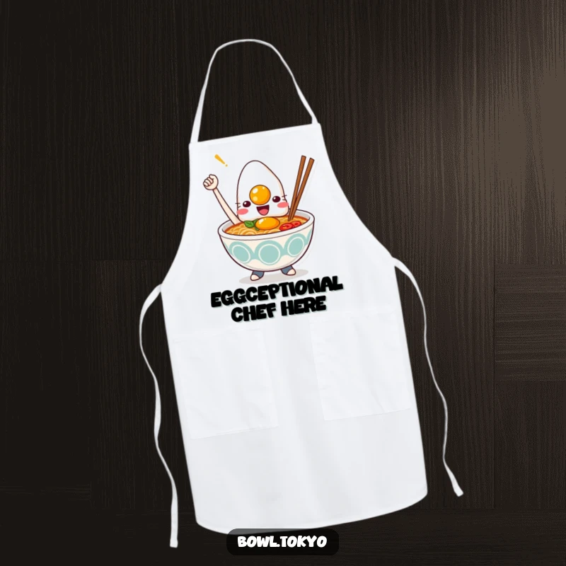 Funny Kawaii ramen bowl apron, character proudly holding a cooked egg, culinary humor, kitchen accessory, gift idea.