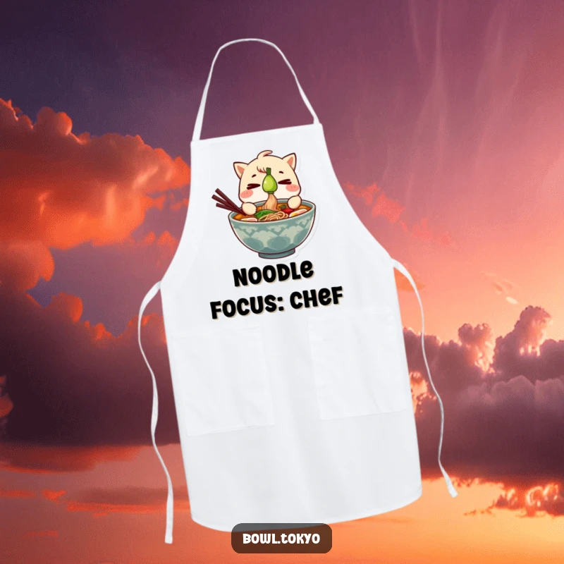 Funny Ramen Bowl Apron showing a character balancing a green onion, ideal for kitchen use and humorous cooking.