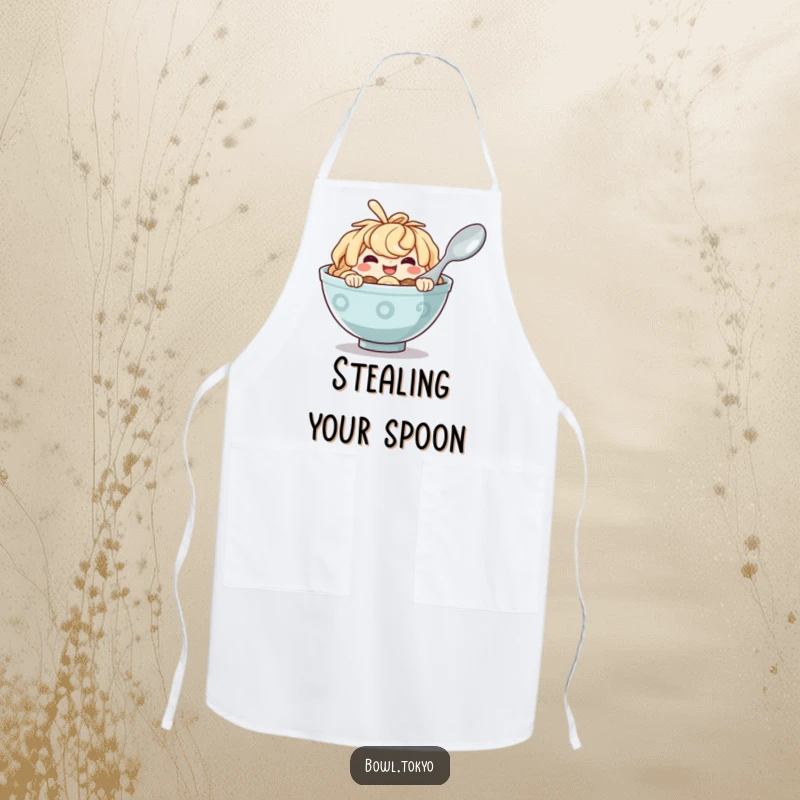 Funny Ramen Bowl Apron showing a mischievous character peeking from behind a spoon, ideal for cooking.