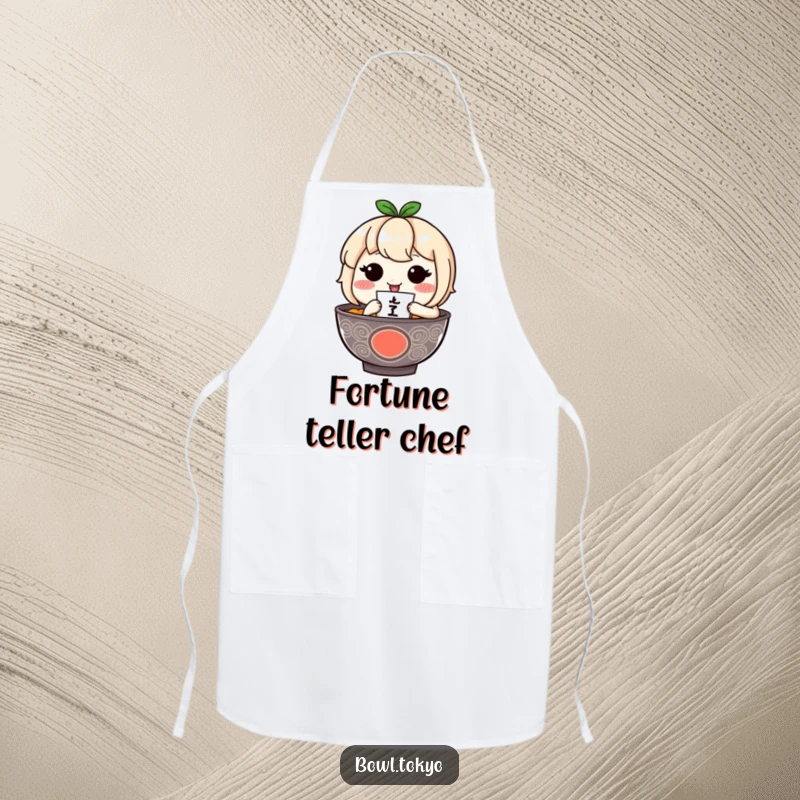 Funny ramen bowl character blushing delicately holds a tiny fortuneteller while wearing this apron.