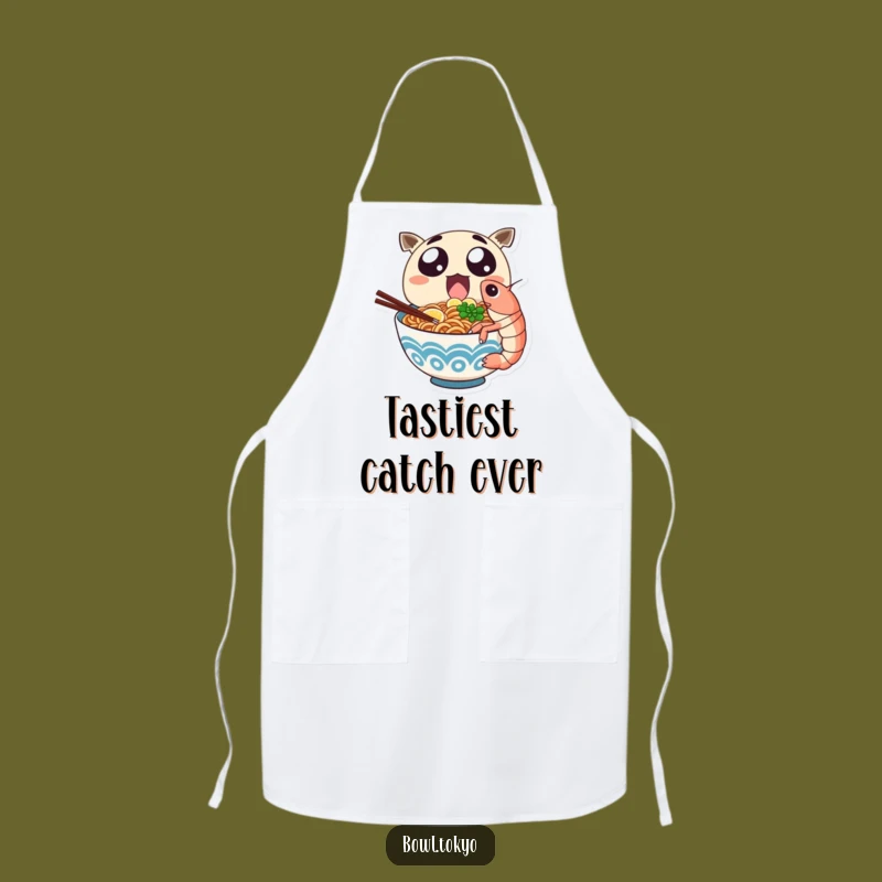 Funny Ramen Shrimp Apron: Chef Noodle Character Eating Giant Shrimp Kitchen Gift