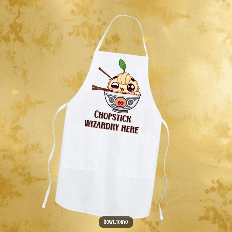 Funny apron with a winking ramen bowl character juggling chopsticks, ideal for kitchen fun and protection.