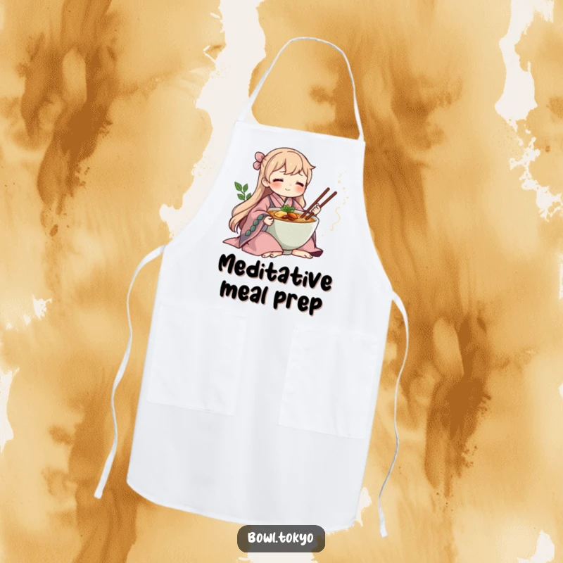 Funny ramen bowl in a flowing kimono, meditating while cooking, a peaceful and humorous apron for chefs.