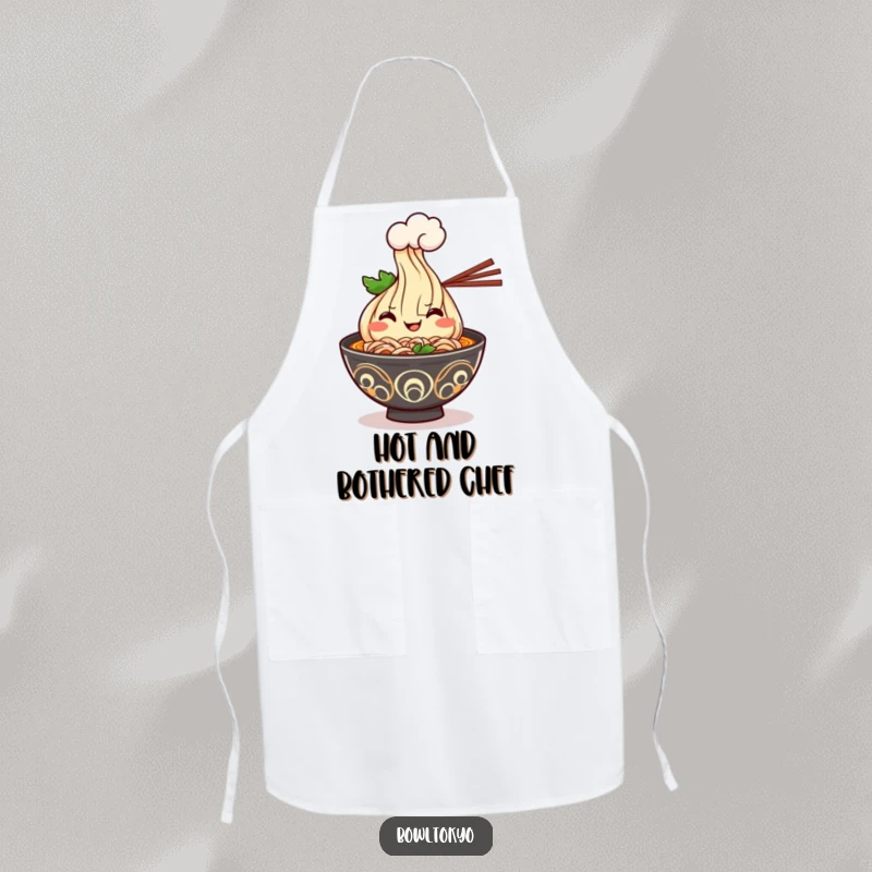 Funny Kawaii ramen bowl apron featuring a cheerful grinning character offering a steam cloud, making kitchen tasks humorous.