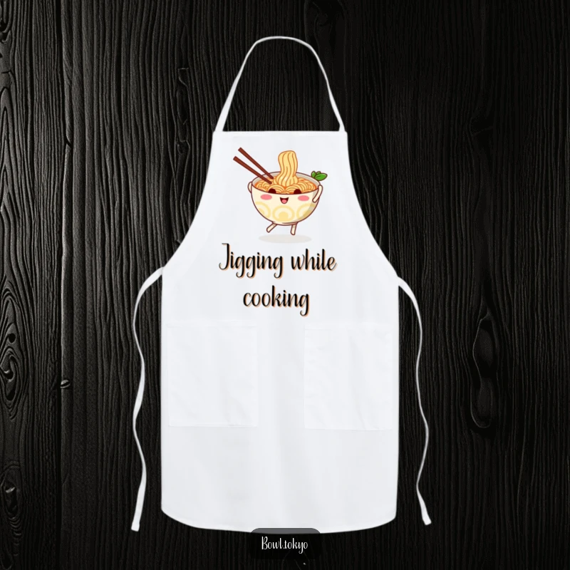 Funny playful ramen bowl apron, depicting a dancing noodle character with chopsticks, ideal for kitchen activities.