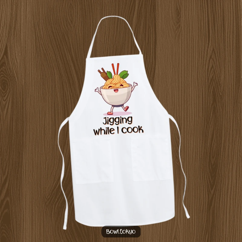 Funny happy ramen apron showing a noodle bowl character doing a jolly shuffle, great for happy cooking.