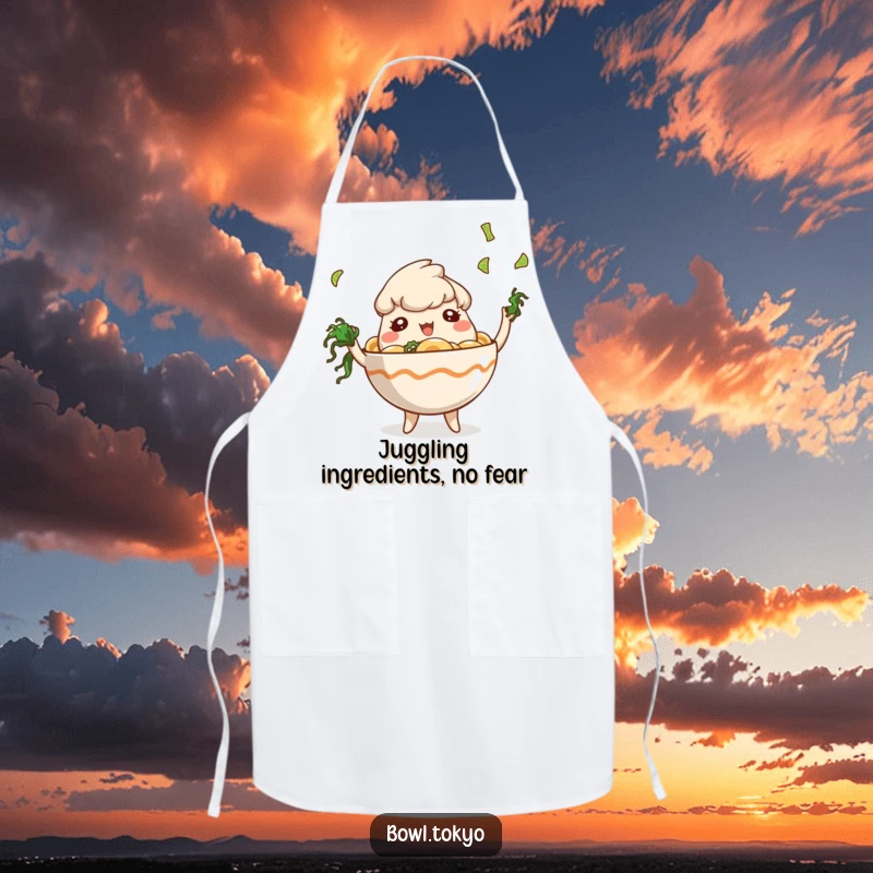 Funny Chef Ramen Bowl Apron depicting a playful character juggling tiny seaweed pieces, making cooking a fun performance.