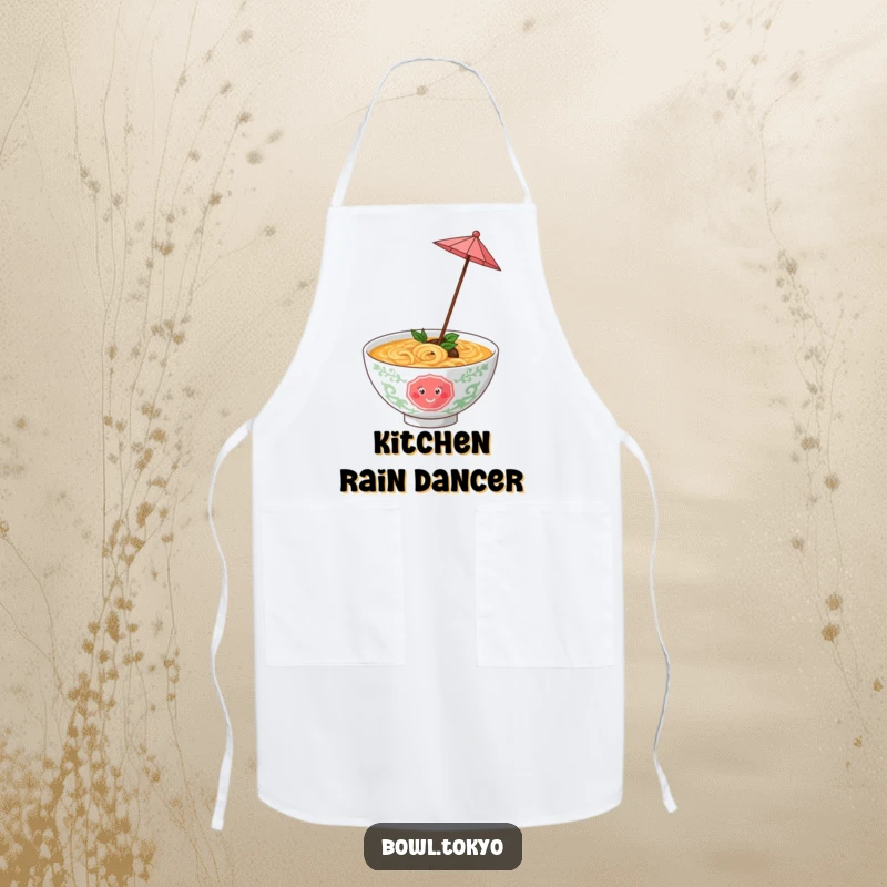 Funny ramen bowl with a tiny umbrella, twirling happily while cooking, a fun and humorous apron for chefs.