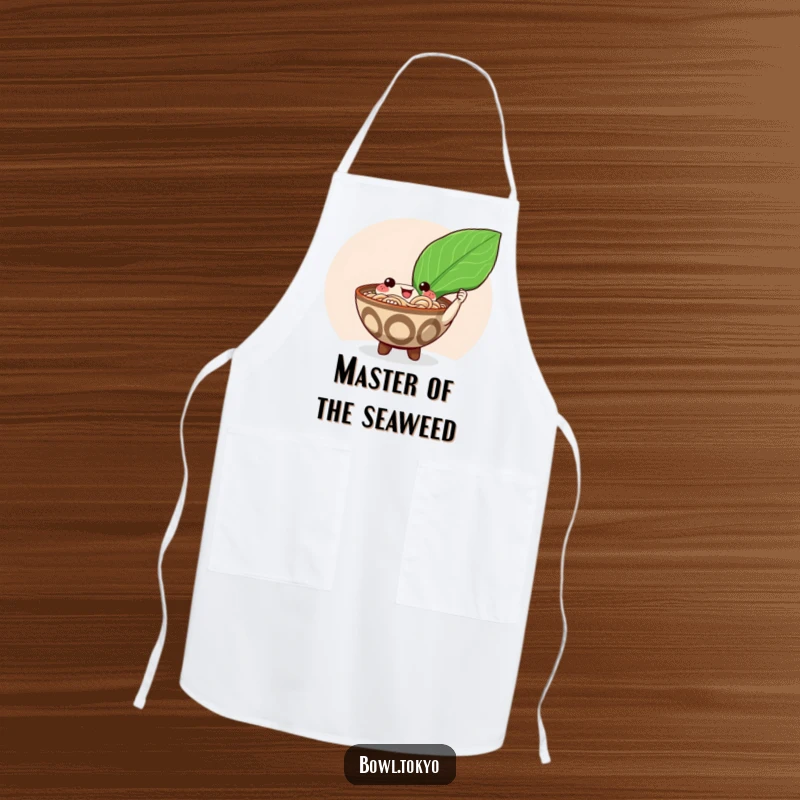 Funny happy ramen bowl apron character offering a giant shiny nori seaweed leaf, practical kitchen humor.