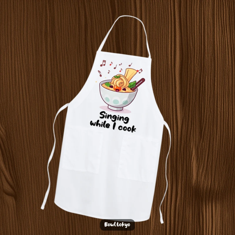 Funny musical ramen apron showing a noodle bowl character with musical notes, great for the kitchen.