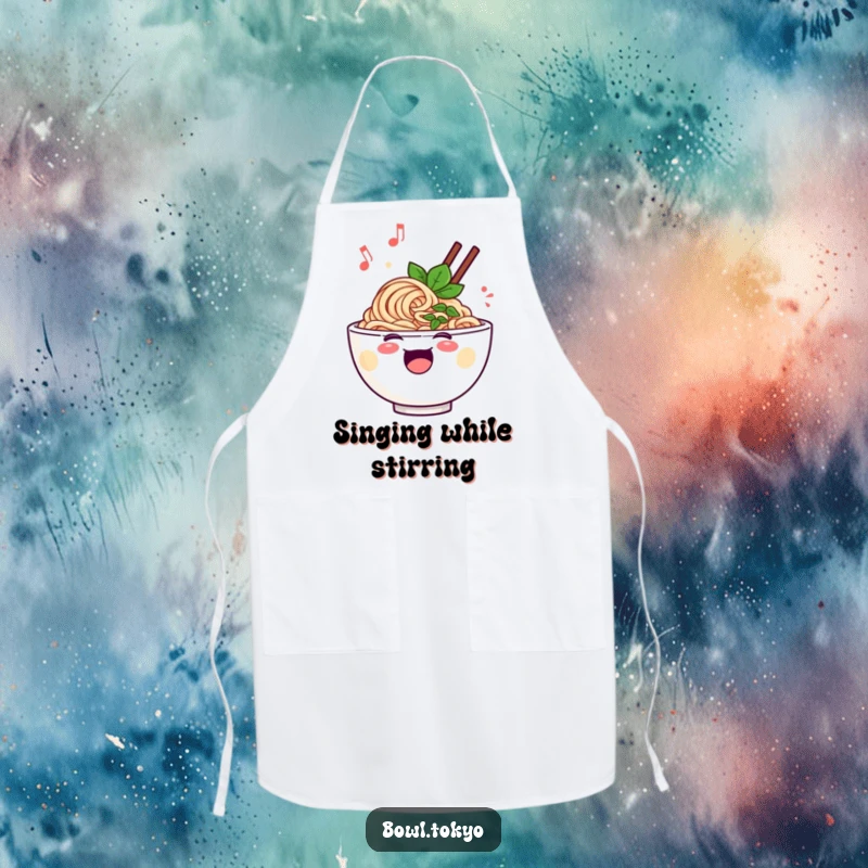 Funny cheerful ramen bowl apron, depicting a singing noodle character with musical notes, perfect for kitchen activities.