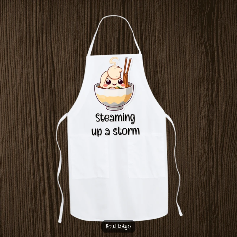 Funny Ramen Bowl Apron, a cute character with happy steam, designed for chefs and kitchens.