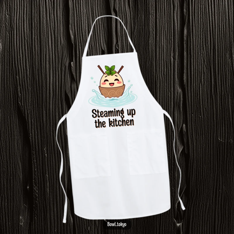Funny apron depicting a happy ramen bowl character splashing in a hot spring, ideal for kitchen fun and protection.