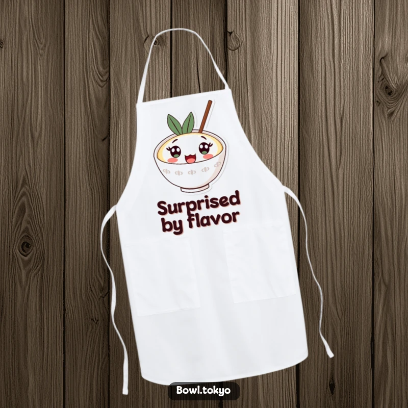 Funny kawaii ramen bowl apron with a character whose large surprised eyes are looking upwards, ready to cook.