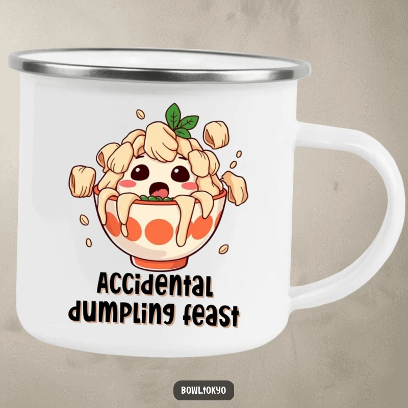Funny camping mug with a surprised ramen bowl character covered in falling dumplings, durable and humorous for outdoor enjoyment.