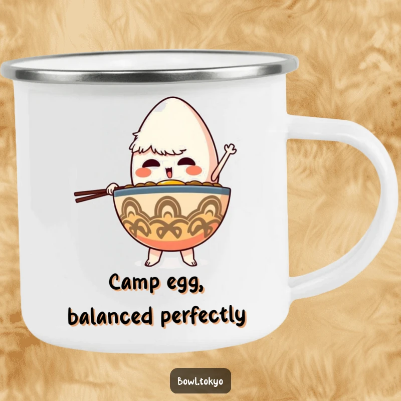 Funny Camp Ramen Bowl Mug featuring a determined character balancing a giant egg, a symbol of focus for outdoor adventures.