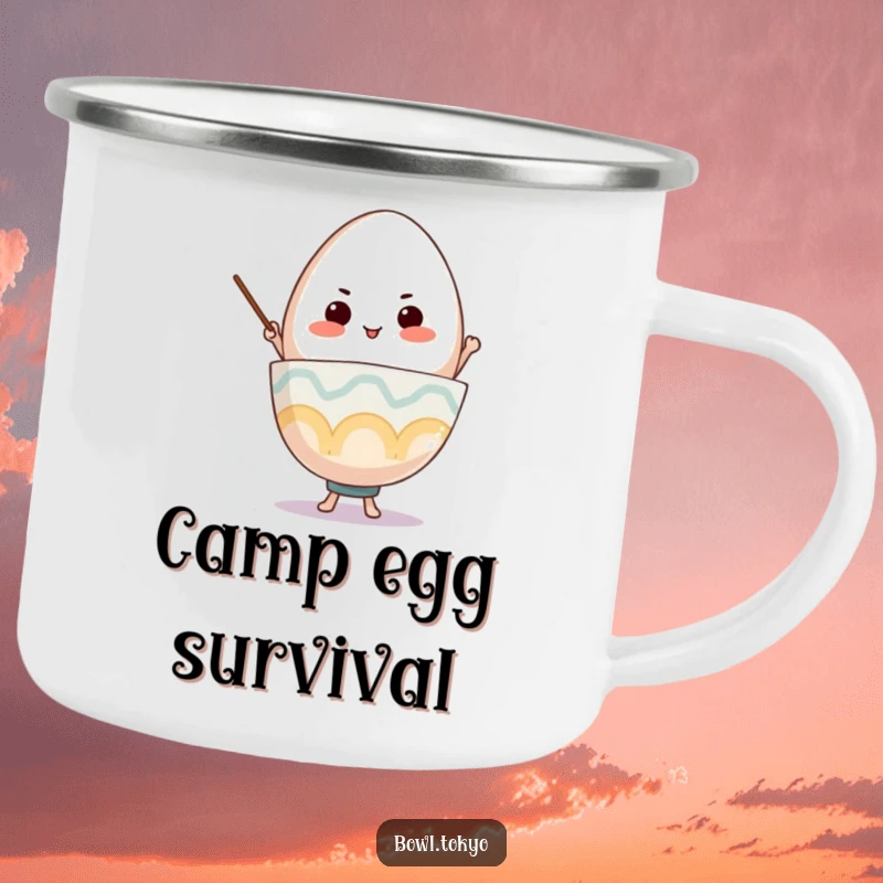 Funny Ramen Bowl Camping Mug, a determined character balancing a giant egg, great for outdoor use.