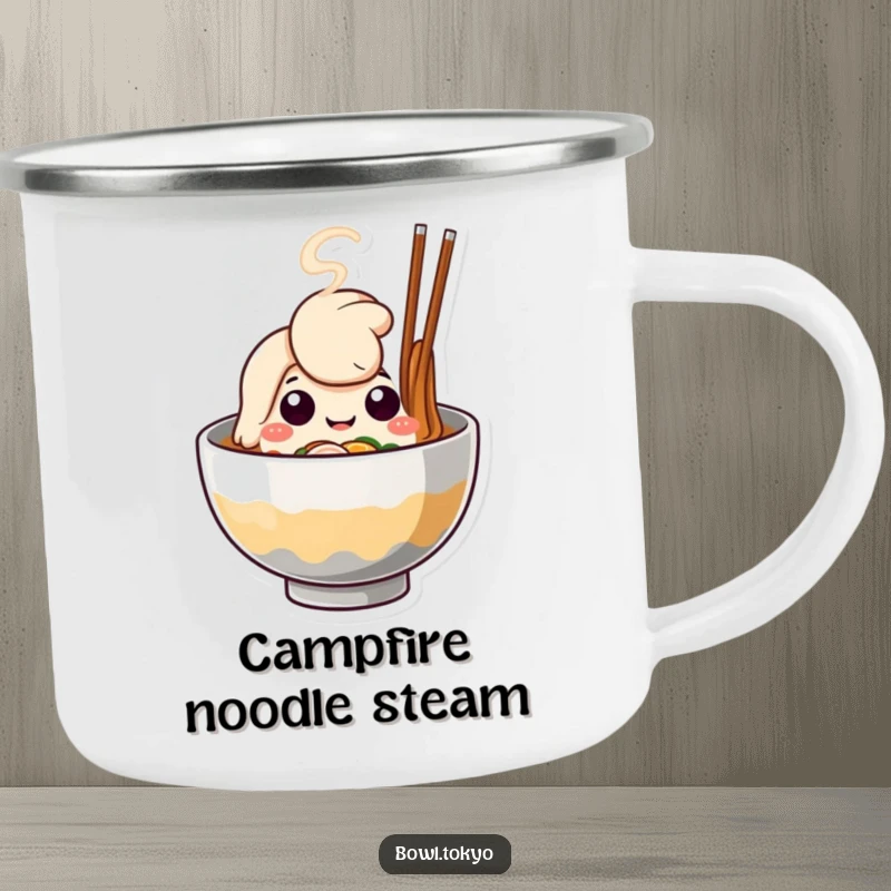 Funny Ramen Bowl Camping Mug, a cute character with happy steam, perfect for outdoor adventures.