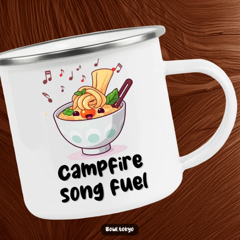 Funny musical ramen camping mug featuring a noodle bowl character with musical notes, for outdoor concerts.