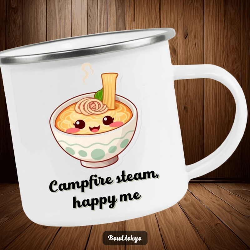 Funny Outdoor Ramen Bowl Camping Mug featuring a cute noodle character with a smiling steam face, great for camping.