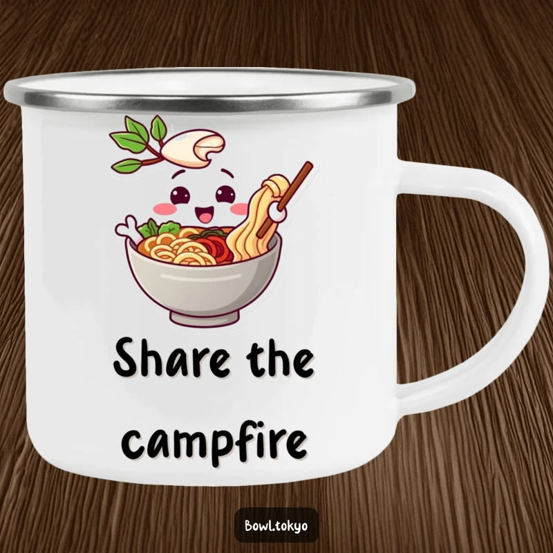 Funny camping mug with a playful ramen bowl character offering a noodle, perfect for sharing warmth during outdoor activities.