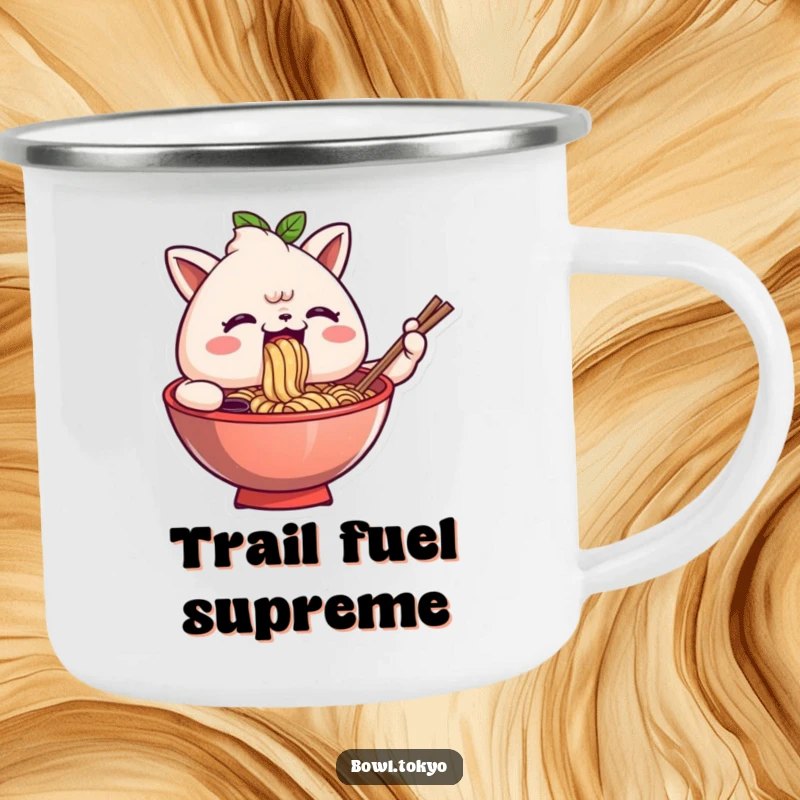 Funny camping mug showing an anthropomorphic ramen bowl character comically slurping noodles during an outdoor adventure, radiating joy.