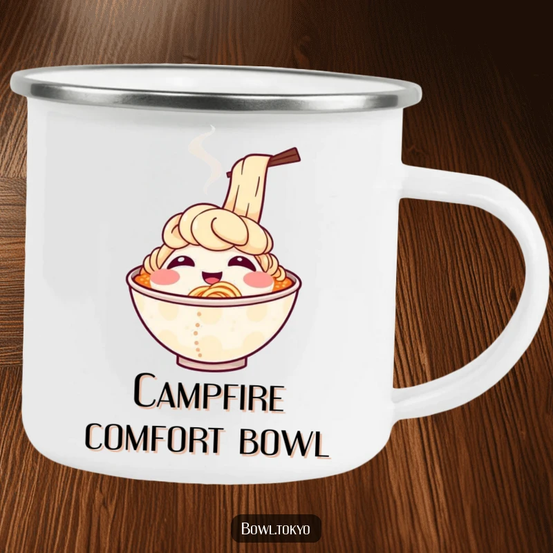 Funny, durable camping mug with a smiling ramen bowl character, steam rising like laughter, perfect for outdoor enthusiasts.