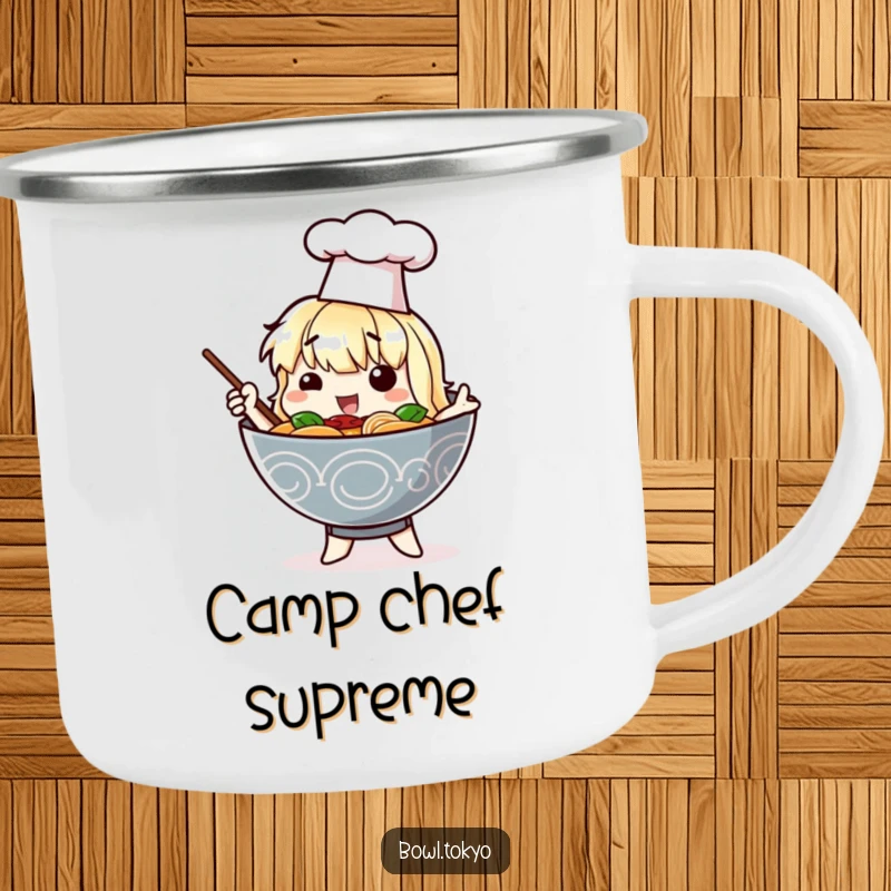 Funny camping mug with a ramen bowl character in a chef hat posing dramatically, durable and humorous for outdoor enjoyment.