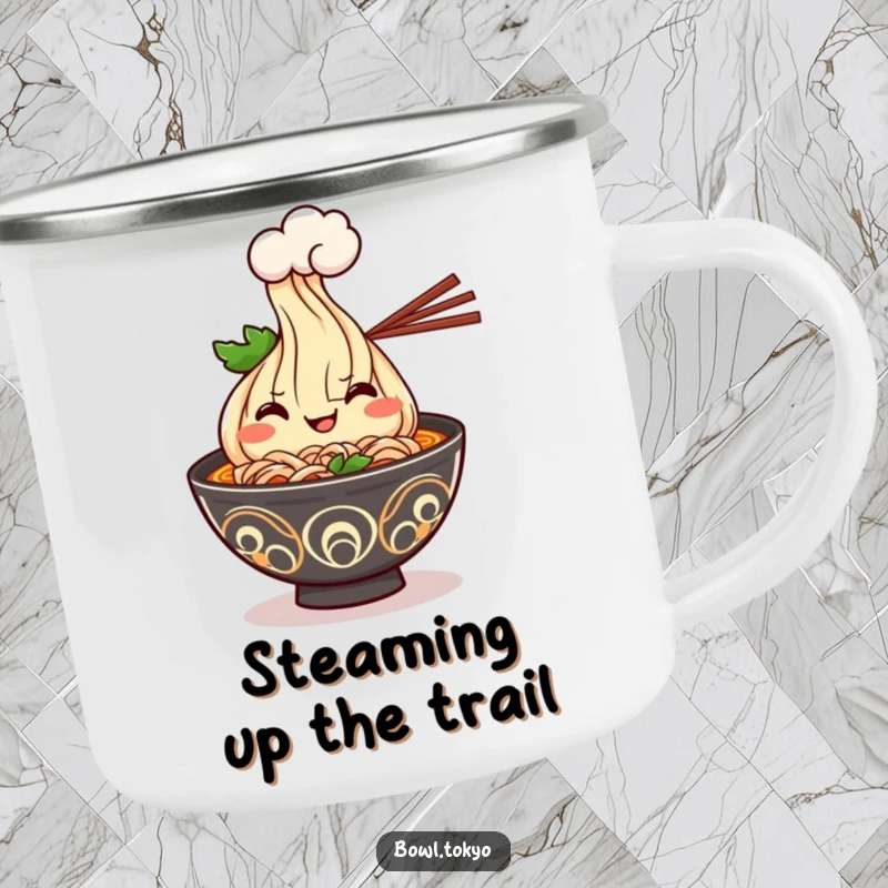 Funny Kawaii ramen bowl camping mug with a cheerful grin, offering a steam cloud, ideal for humorous outdoor drinks.