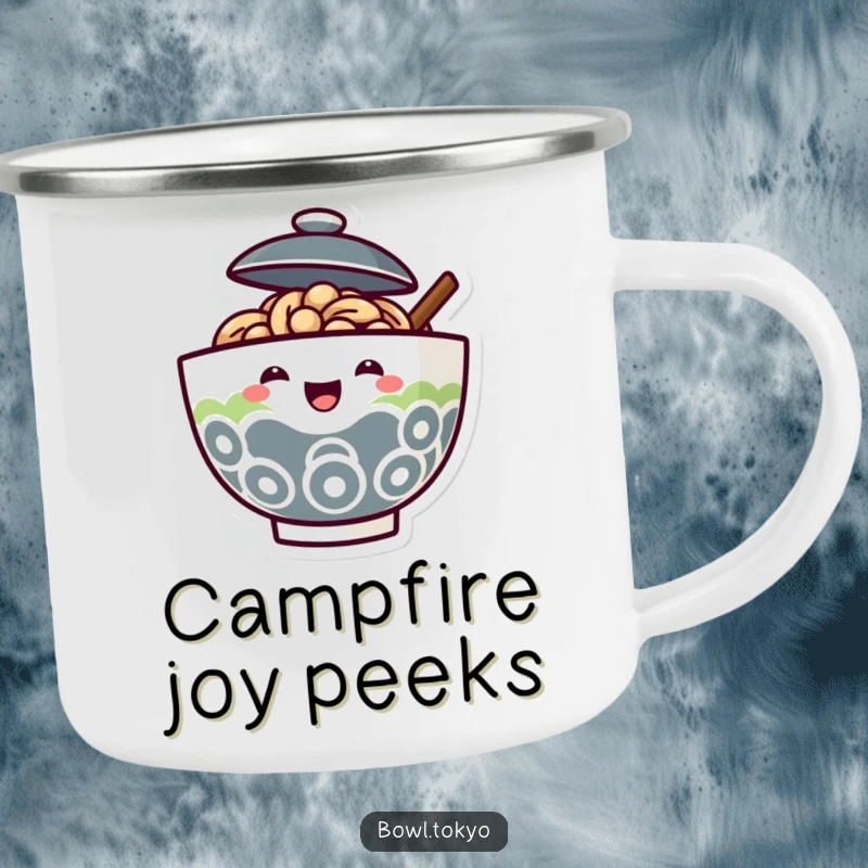 Funny Ramen Bowl Camping Mug with a lid ajar and a joyful face peeking out, perfect for outdoor joy.