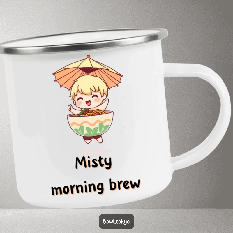 Funny ramen bowl character wearing a tiny umbrella dances in a gentle mist on this camping mug.