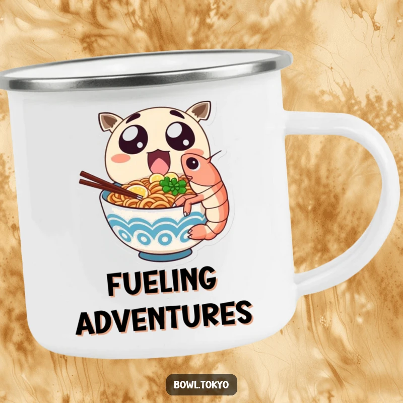 Funny ramen bowl character excitedly eats a giant shrimp on this rugged camping mug.