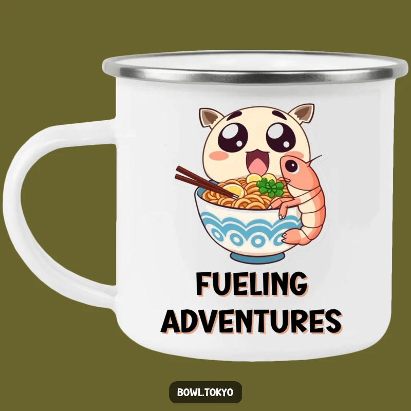 Funny Ramen Shrimp Camping Mug: Outdoor Noodle Character Eating Giant Shrimp Gift