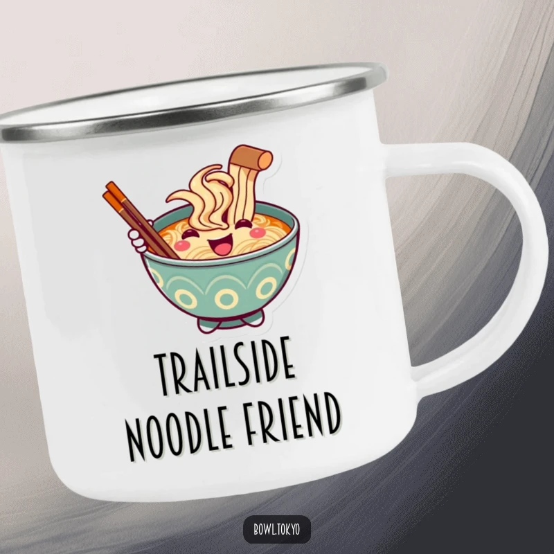 Funny Ramen Bowl Camping Mug, a character offering a chopstick greeting, perfect for outdoor use.
