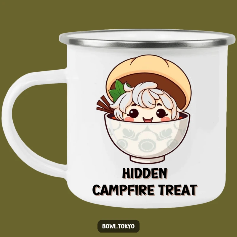 Funny Ramen Mischief Camping Mug: Grinning Noodle Character Steamed Bun Outdoor Gift