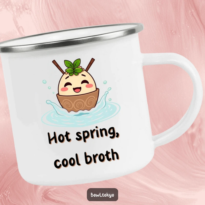 Funny camping mug featuring a happy ramen bowl character splashing in a hot spring, durable and humorous for outdoor use.