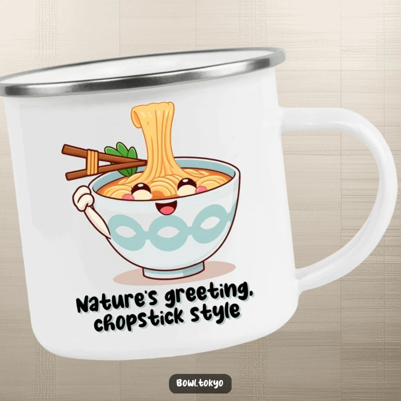 Funny Camp Ramen Bowl Mug featuring a smiling noodle character offering a chopstick, a friendly greeting for outdoor enthusiasts.