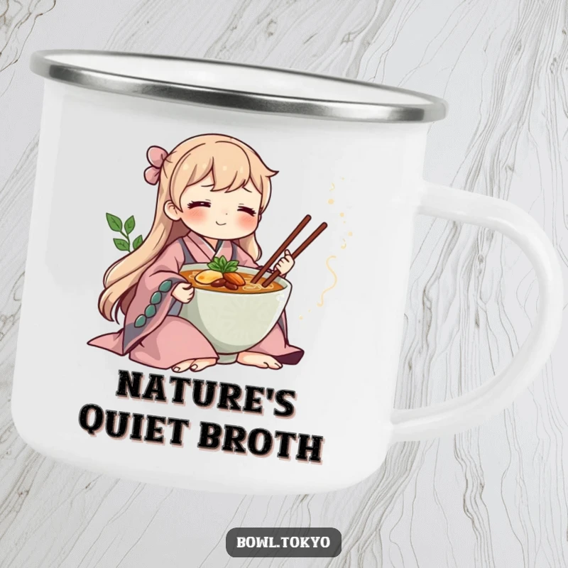 Funny ramen bowl in a flowing kimono, meditating peacefully, a durable enamel camping mug for serene outdoor enjoyment.