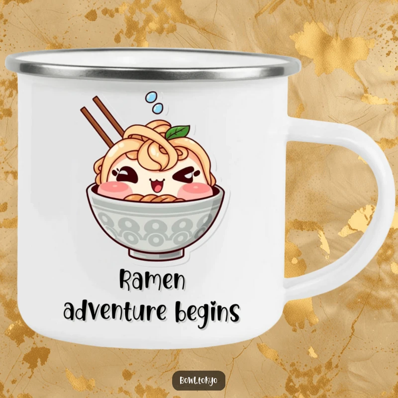 Funny enamel camping mug with a cute Kawaii ramen bowl character winking and splashing, perfect for outdoor foodie adventures.