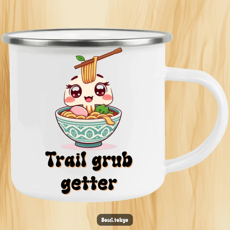 Funny Kawaii ramen bowl camping mug with wide excited eyes, offering a giant chopstick for humorous outdoor refreshment.