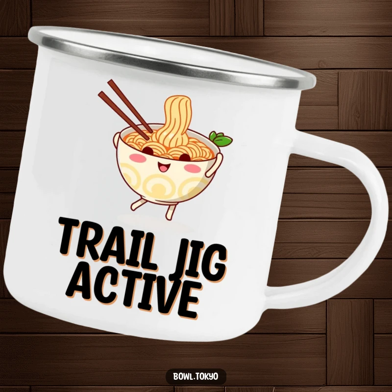 Funny playful ramen bowl camping mug, showing a dancing noodle character with chopsticks, durable and portable for trips.