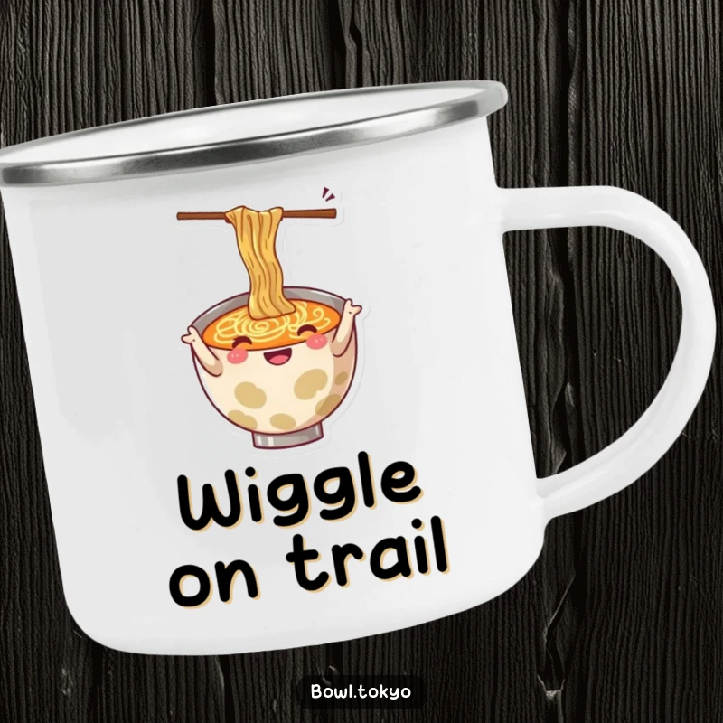 Funny camping mug with a cheerful ramen bowl character gesturing with wiggly chopsticks, built for adventure.