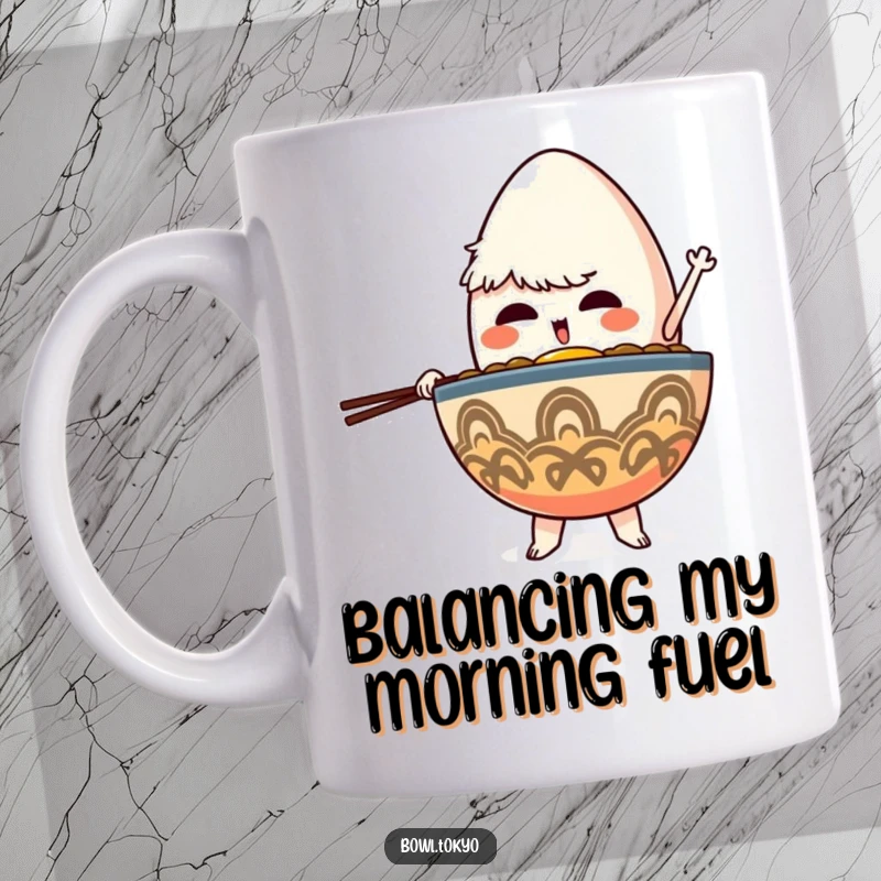 Funny Determined Ramen Bowl Mug featuring a character intensely balancing a giant egg, showcasing focus and perseverance.