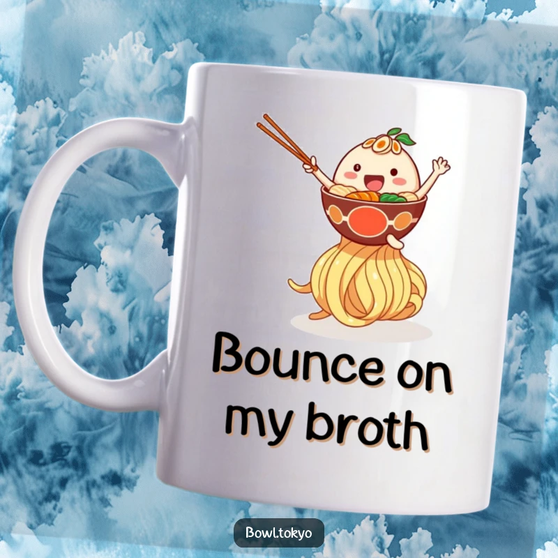 Funny mug showing a happy ramen bowl character enthusiastically bouncing on a comically large noodle, conveying pure delight.