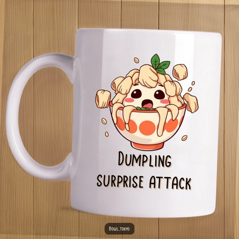 Funny mug showing a ramen bowl character with a comically surprised expression, covered in a cascade of falling dumplings.